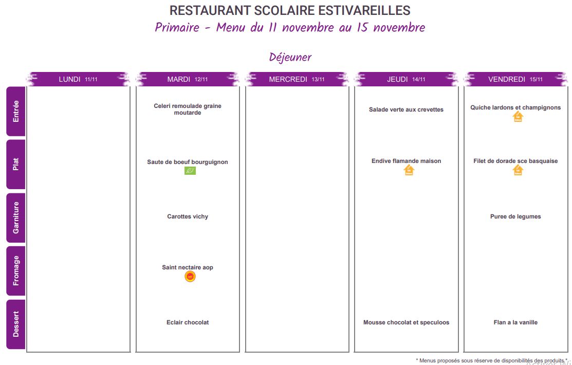 ESTIVAREILLES 03 Menu semaine 46 du 12 au 15 novembre 2024